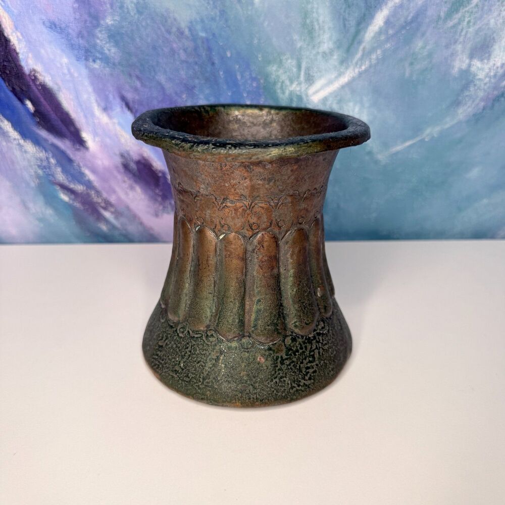 Egyptian Copper Vase Cup Art Deco Style Handcrafted Etched Hammered Signed Egypt